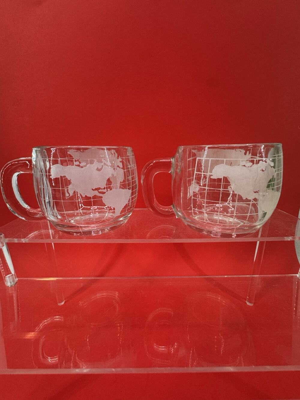 Vintage Set 2 Nestlé Etched Clear Glass Globe World Coffee 70s Mug Cups Retro